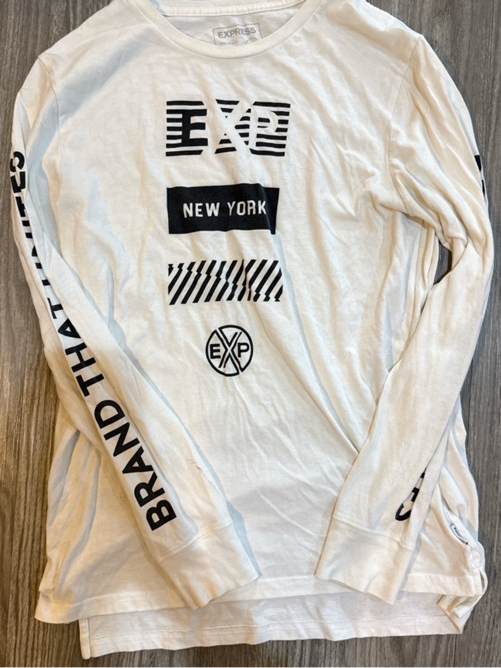 Express White Long Sleeve Graphic Tee with Black New York Print